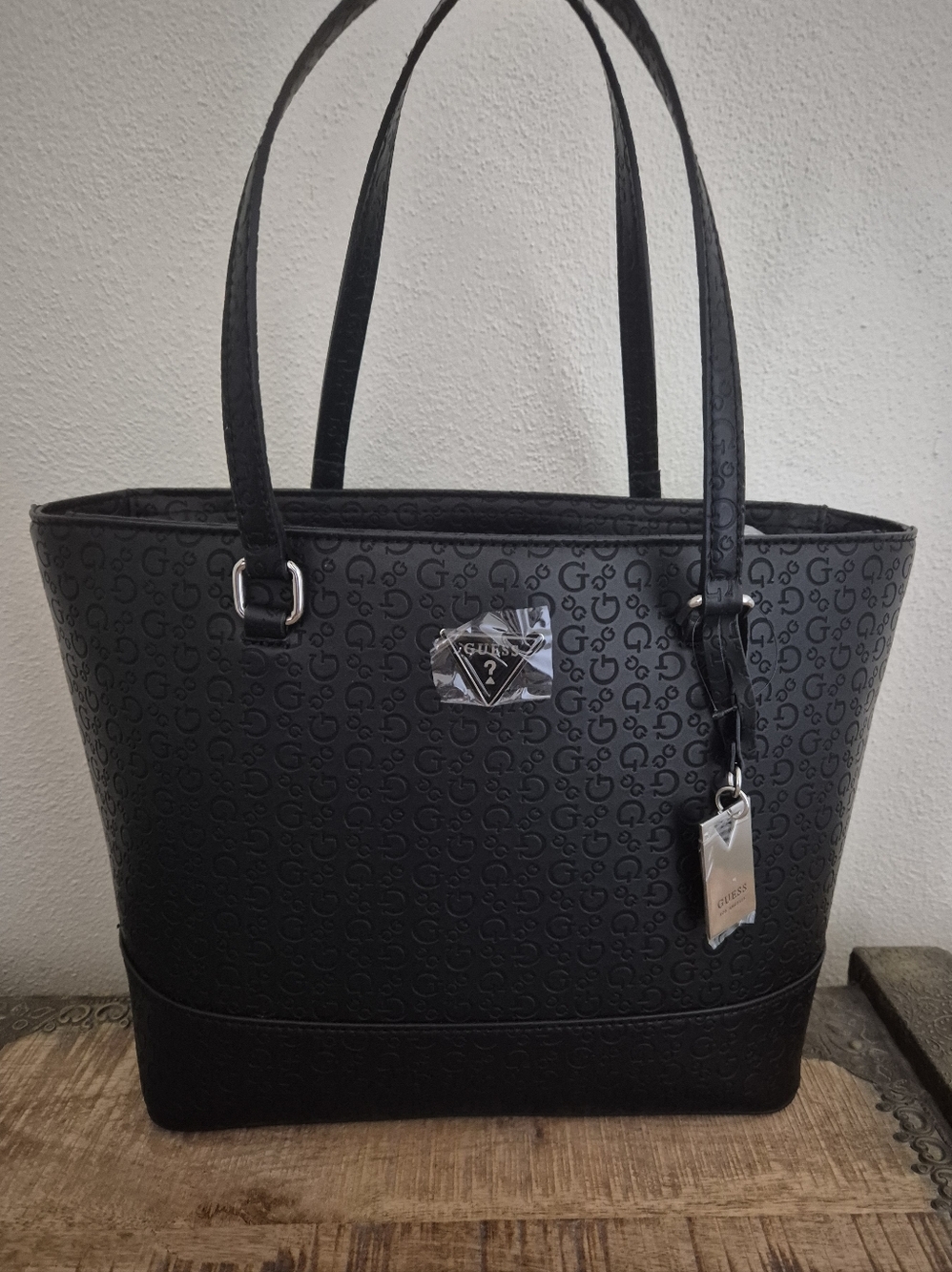 Guess Black Logo-Embossed Tote with Silver Hardware